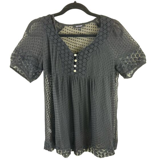Daniel Rainn Black Sheer Short Sleeve Crochet Detail Silk Blouse Tank Attached S - Picture 1 of 8